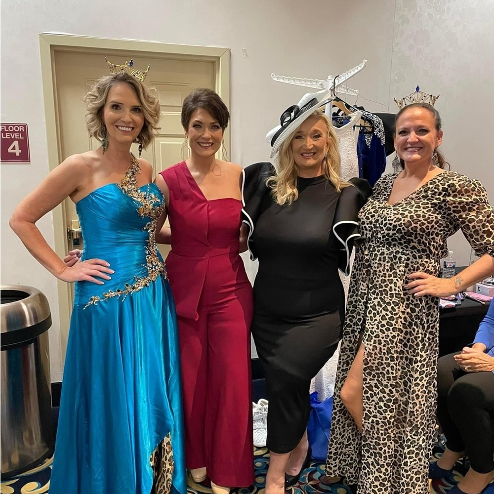 Tony Bowls Turquoise/Blue Embellished Strapless Gown with Leopard Underskirt